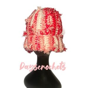 Red and White Crochet fray Beanie